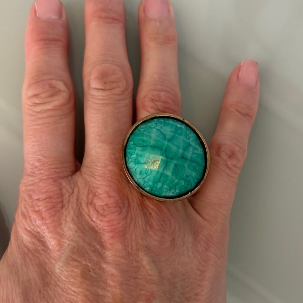 Oversized Green Statement Ring Gold Tone Adjustable Emerald Look